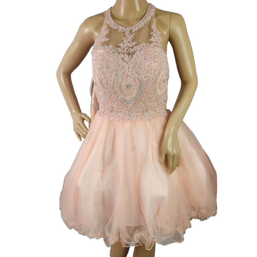 Nox Anabel Dress Womens Medium Pink 2 Piece Beaded Halter Top Layered Net Skirt